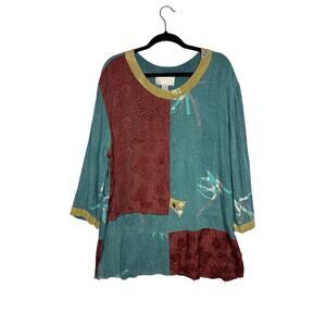 Kusnadi Vintage 3/4 Sleeve Tunic Top Artsy Patchwork Teal Gold Burgundy Sz L *